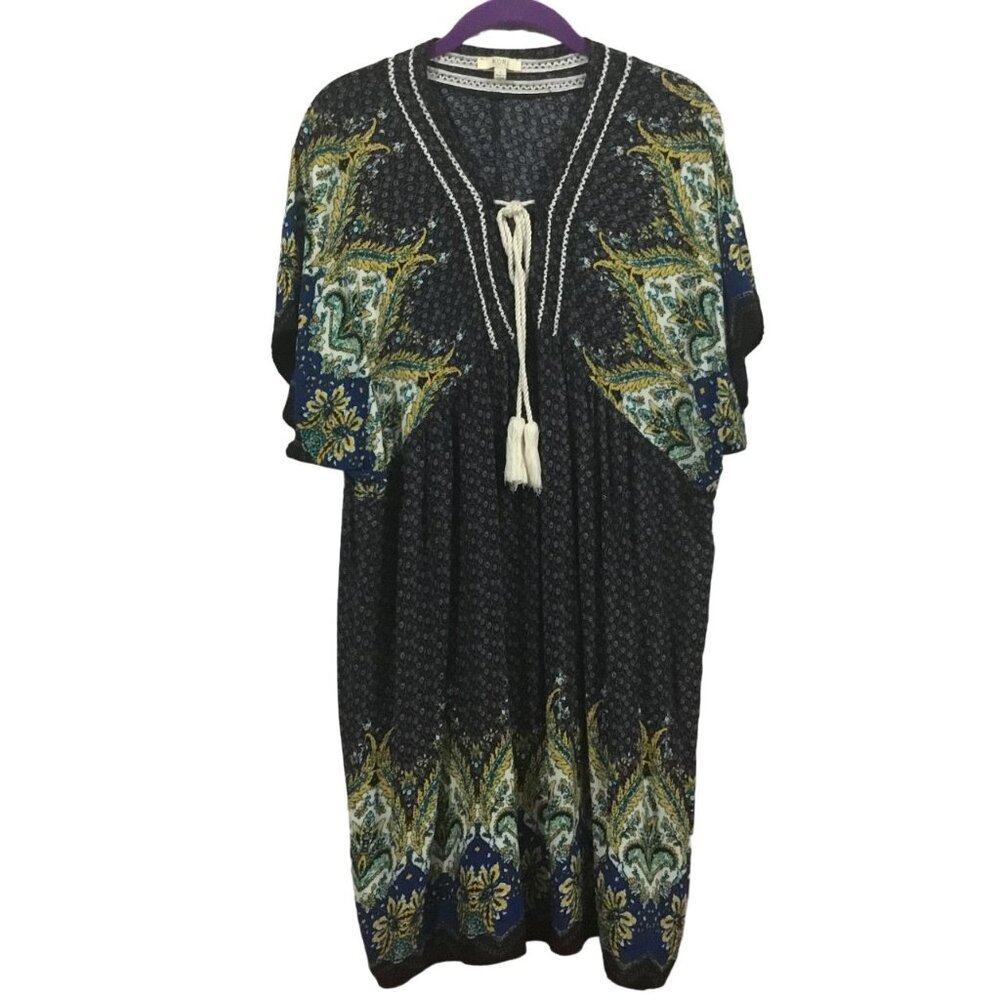 Kori America Rayon Blue Floral Empire Waist Boho Indie Beach Mini Dress Large